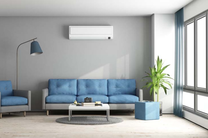 Blue and gray modern living room with sofa,armchair and air conditioner - 3d rendering