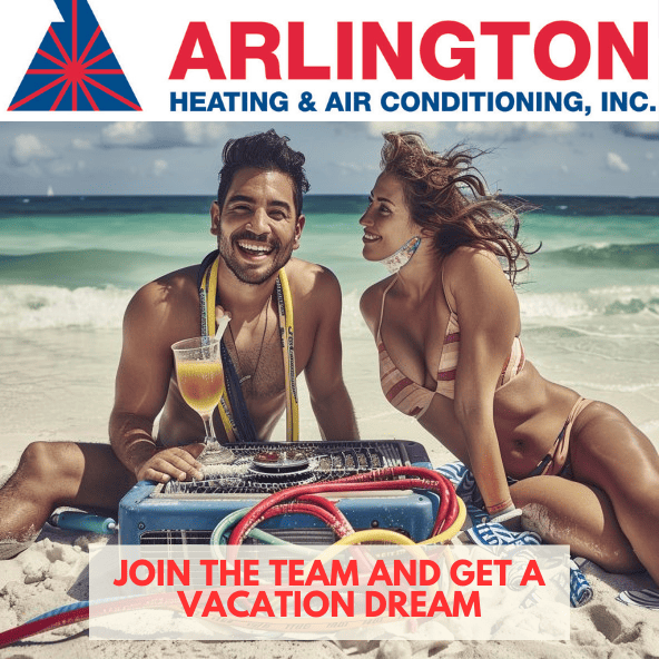 Arlington Heating & Air Conditioning Careers promotion. Image of a man and woman sitting on a beach, with an air conditioner buried in the sand, being used as a table
