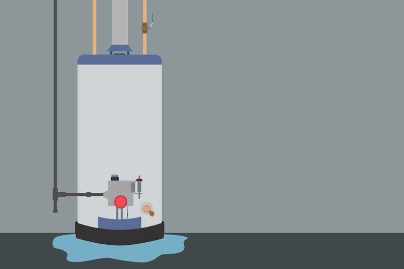 What Should I Do If My Water Heater Is Leaking? Puddle surrounding a leaking water heater.